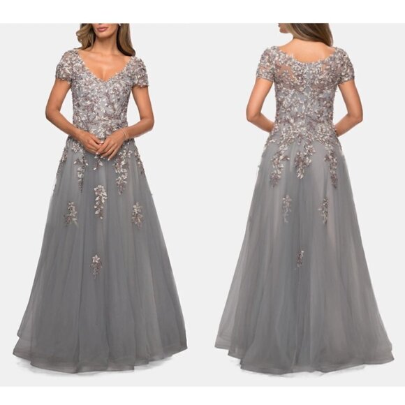 LA FEMME Beaded Lace Applique Short Sleeve A-line Gown in Gray Size US 12 - Picture 1 of 7